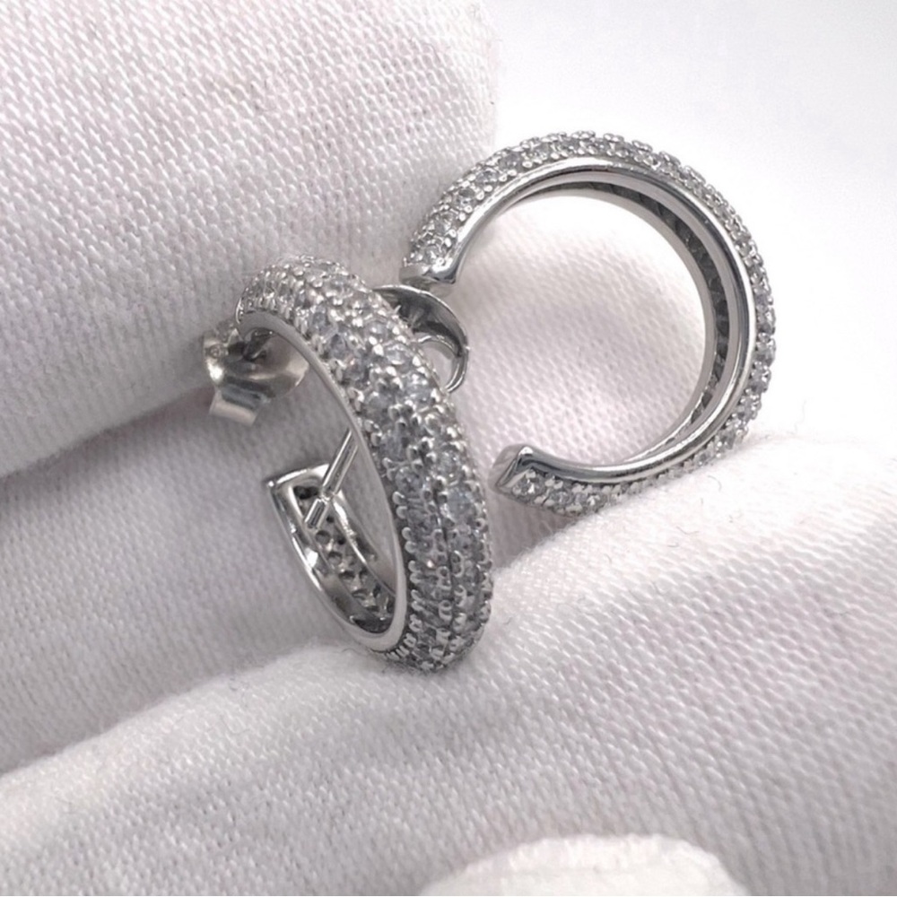 .925 Sterling Silver Pave Cz 16mm Post Hoop Earrings - Picture 15 of 15